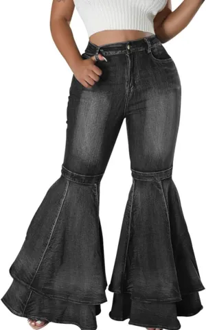 ThusFar Bell Bottom Jeans High Waisted Pleated Layered Ruffle Hem Flared Wide Leg Denim Pants 70s Outfits for Women