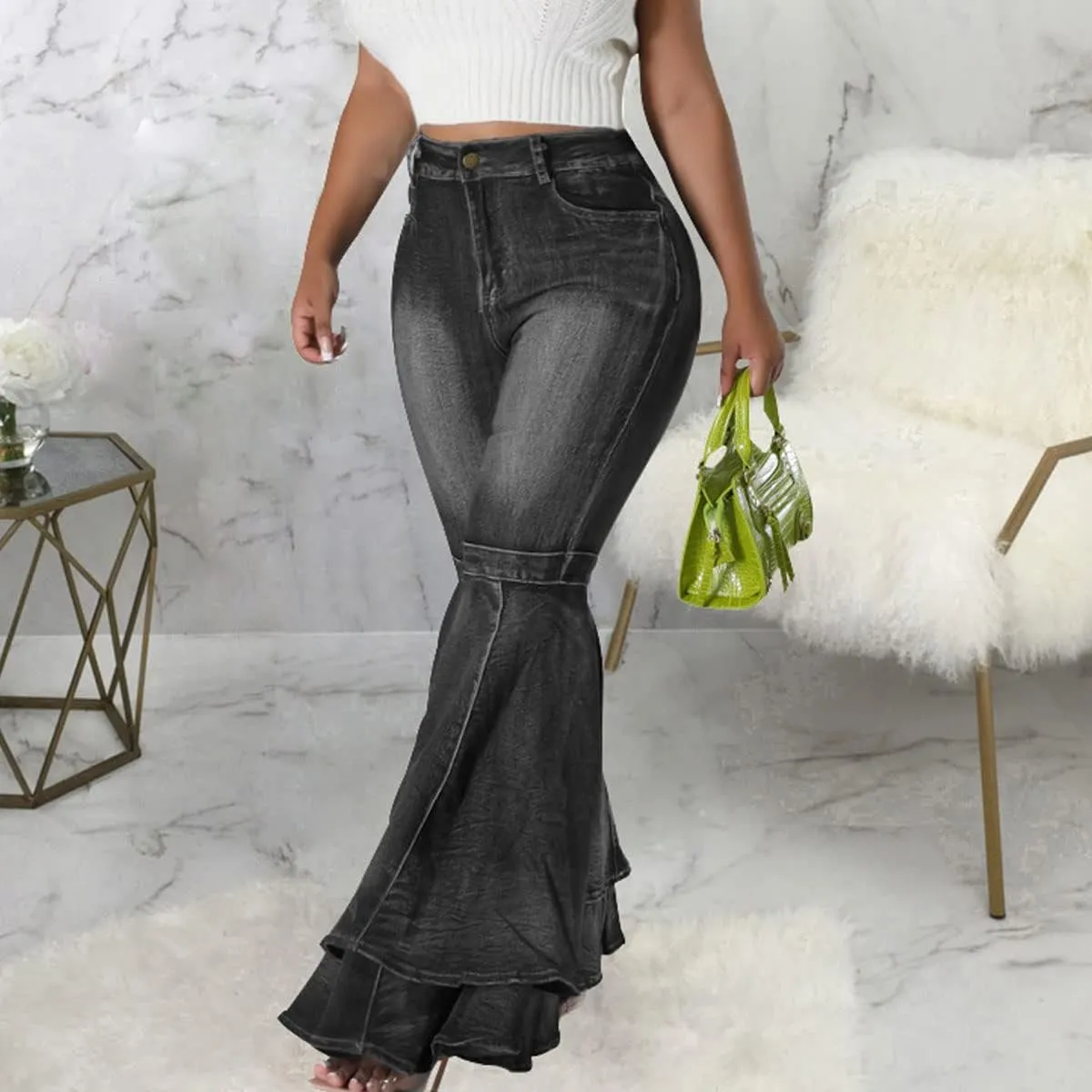 ThusFar Bell Bottom Jeans High Waisted Pleated Layered Ruffle Hem Flared Wide Leg Denim Pants 70s Outfits for Women