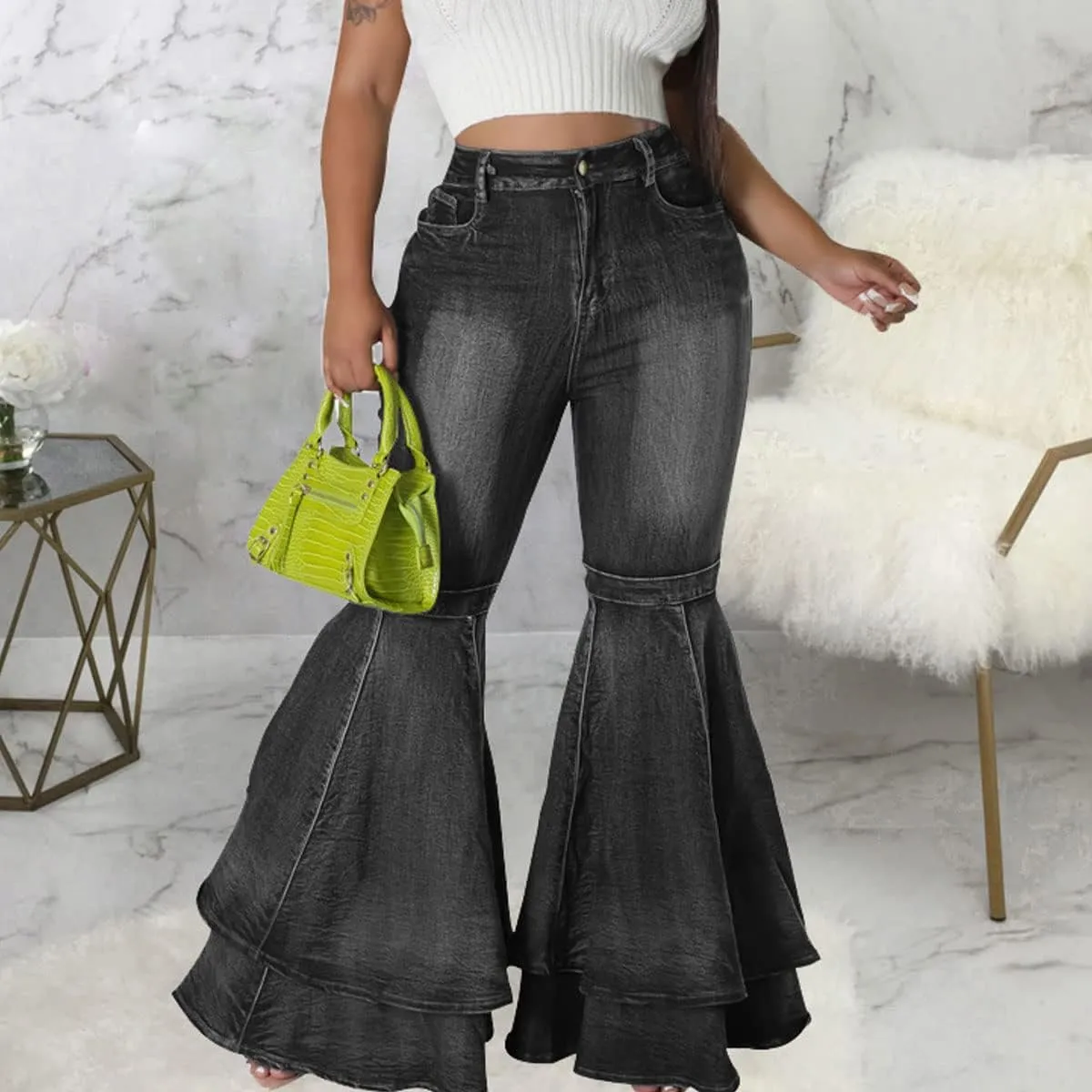 ThusFar Bell Bottom Jeans High Waisted Pleated Layered Ruffle Hem Flared Wide Leg Denim Pants 70s Outfits for Women
