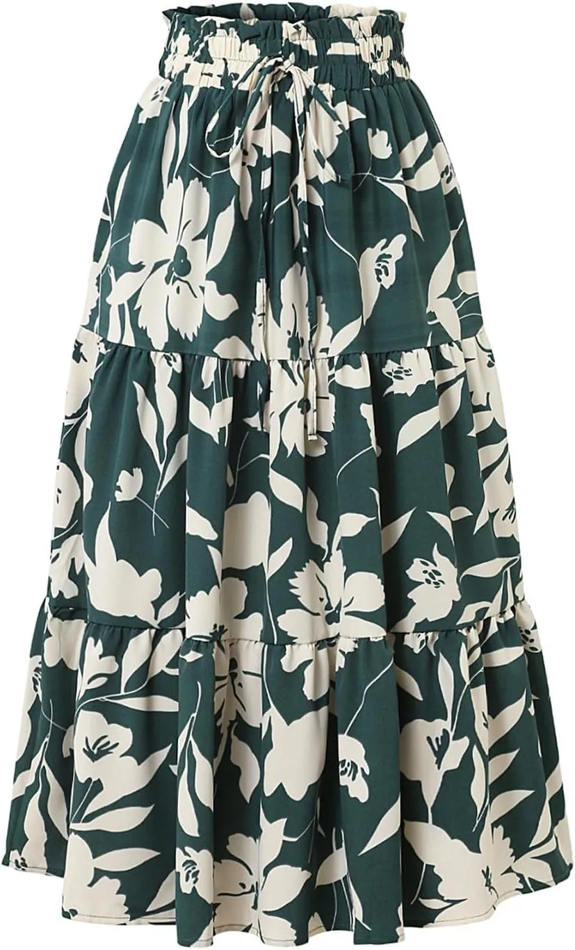 Tiered Maxi Skirts for Women Comfy Ruffle Hem Flowy Swing Elastic High Waisted Summer Cover Ups Long Skorts