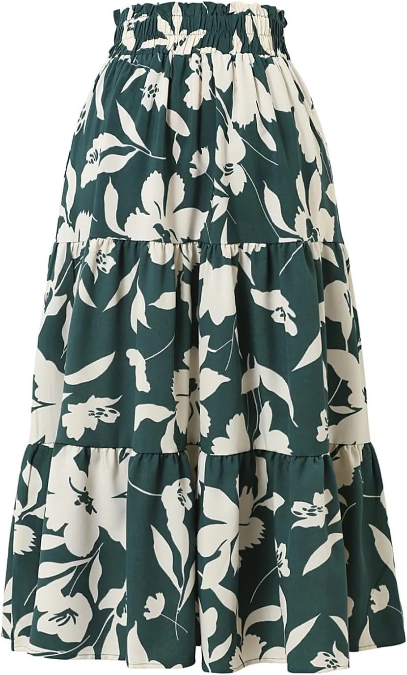 Tiered Maxi Skirts for Women Comfy Ruffle Hem Flowy Swing Elastic High Waisted Summer Cover Ups Long Skorts
