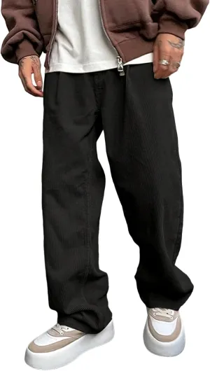 Verdusa Men's Casual Drawstring Elastic Waist Wide Leg Pants Long Trousers with Pockets