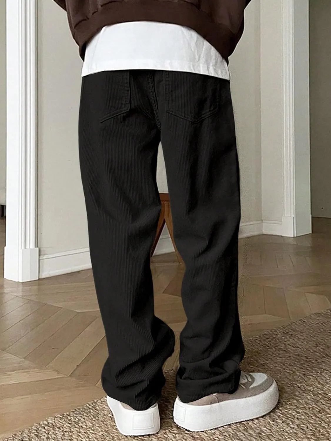 Verdusa Men's Casual Drawstring Elastic Waist Wide Leg Pants Long Trousers with Pockets