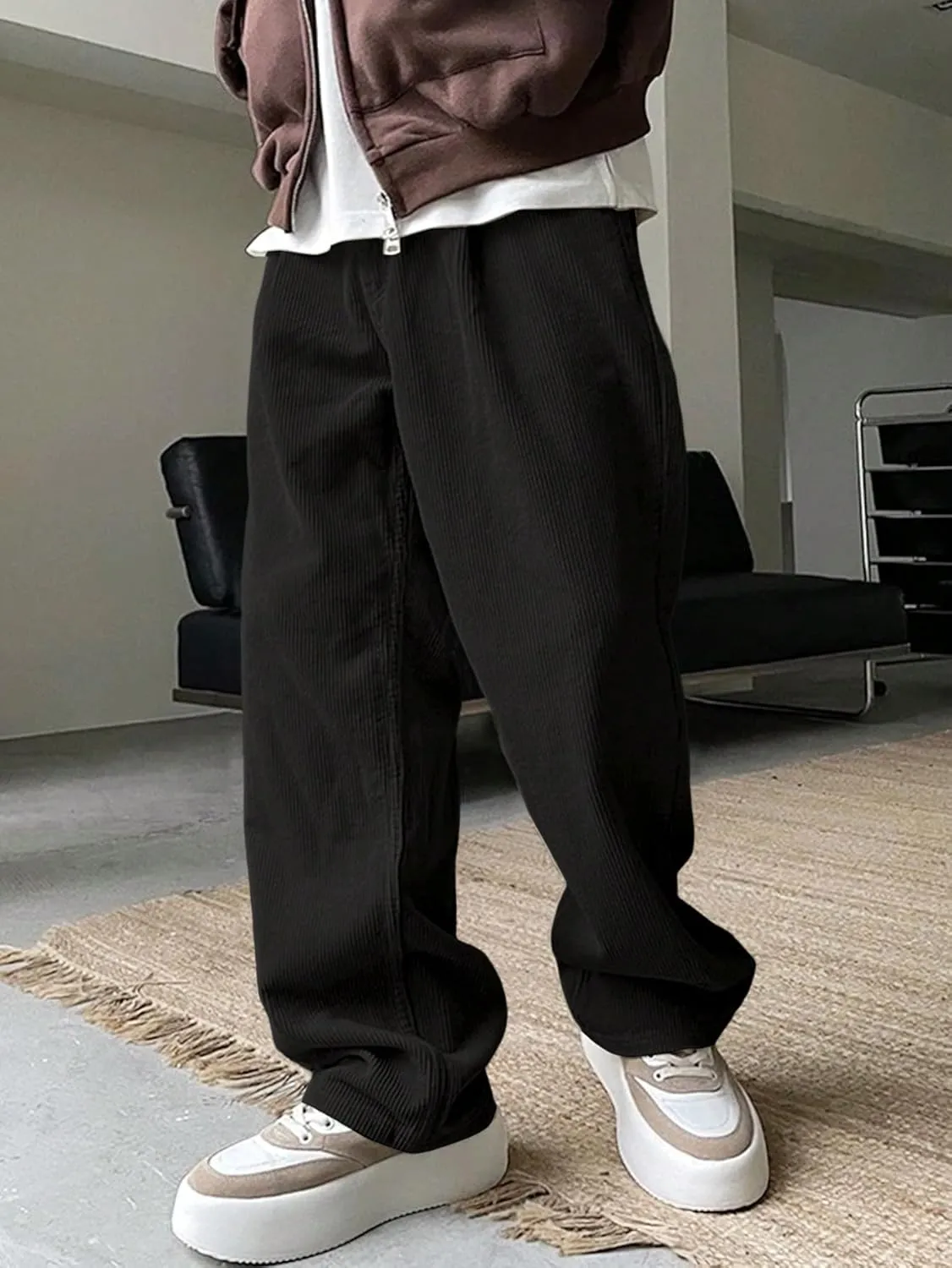 Verdusa Men's Casual Drawstring Elastic Waist Wide Leg Pants Long Trousers with Pockets