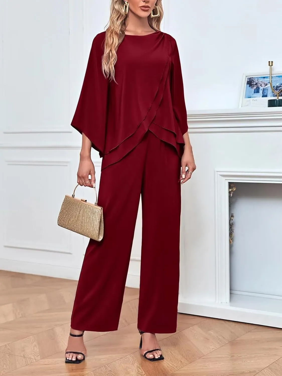 VK Selec Chiffon Mother of The Bride Pant Suits for Wedding 2 Pieces Pants Suits for Women Dressy Wedding
