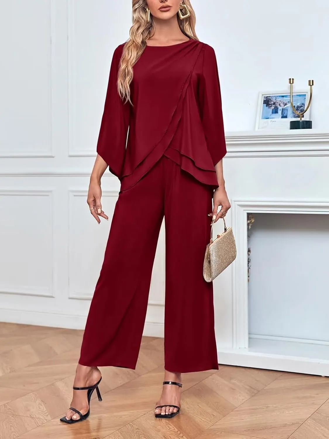 VK Selec Chiffon Mother of The Bride Pant Suits for Wedding 2 Pieces Pants Suits for Women Dressy Wedding