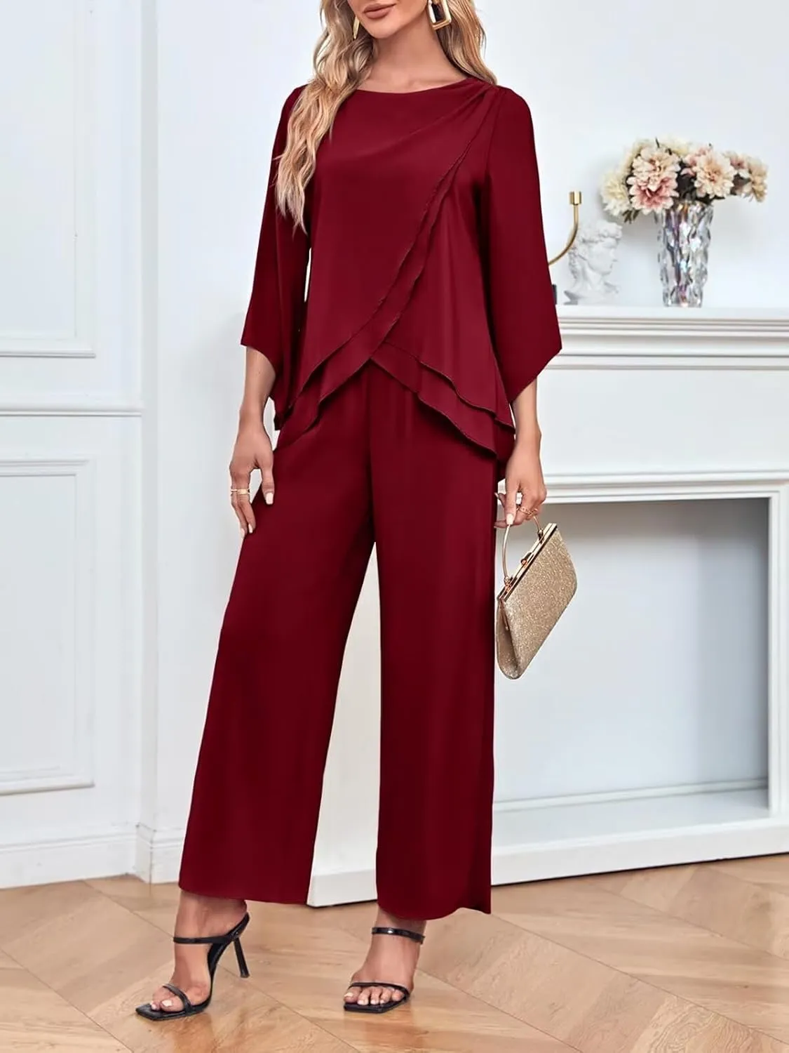 VK Selec Chiffon Mother of The Bride Pant Suits for Wedding 2 Pieces Pants Suits for Women Dressy Wedding