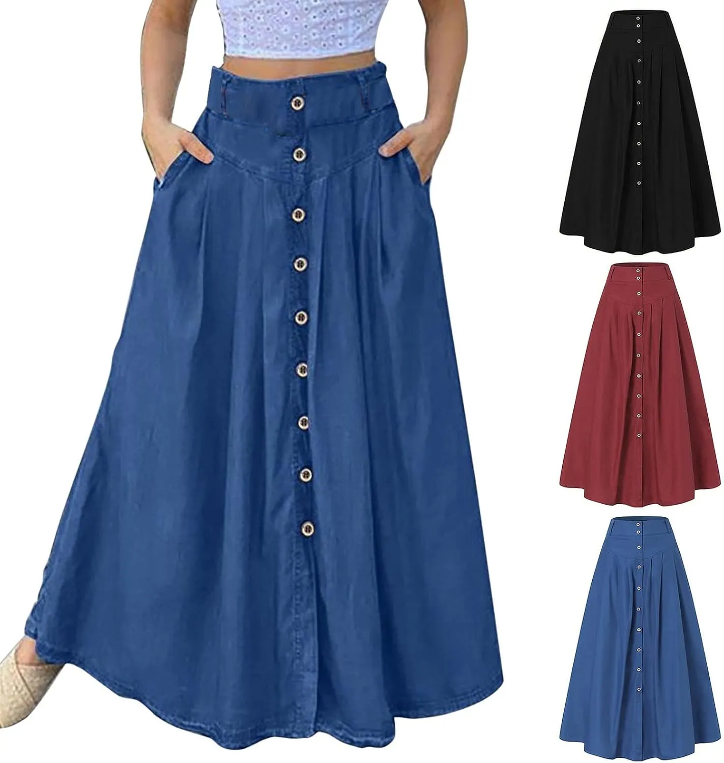 Women Button Down Maxi Skirt Solid Color Pleated Sexy Cute High Waist Skirts Beach Womens Skirts Dressy Casual Trendy