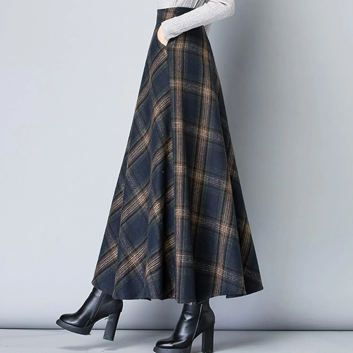 Women Midi Skirt Skirts Women Fashion Casual Plaid SkirtWith Pockets Vintage High Waist Pleated Skirt Tulle Skirt