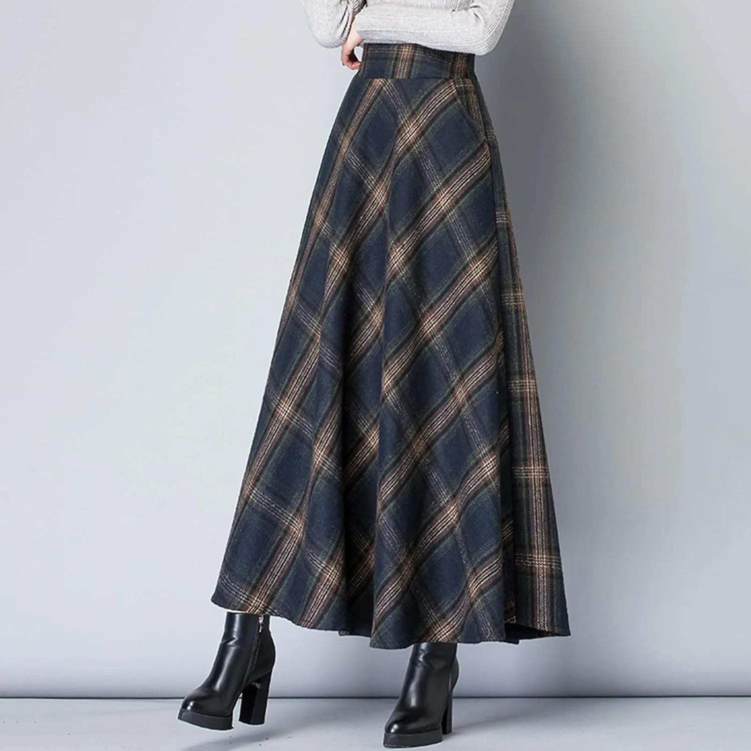Women Midi Skirt Skirts Women Fashion Casual Plaid SkirtWith Pockets Vintage High Waist Pleated Skirt Tulle Skirt