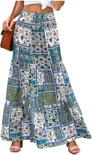 Women's 2025 Bohemian Long Skirts Print High Waist A Line Maxi Skirts Summer Casual Printed Pleated Ruffle Flowy Skirts
