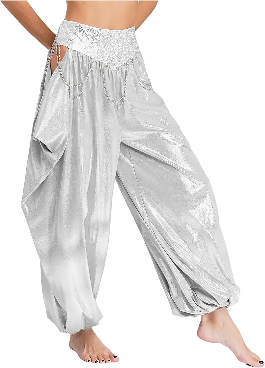 Women's Belly Dance Costume Harem Pants Rhinestone Chains Bloomers Trousers Arabian Dancing Costume