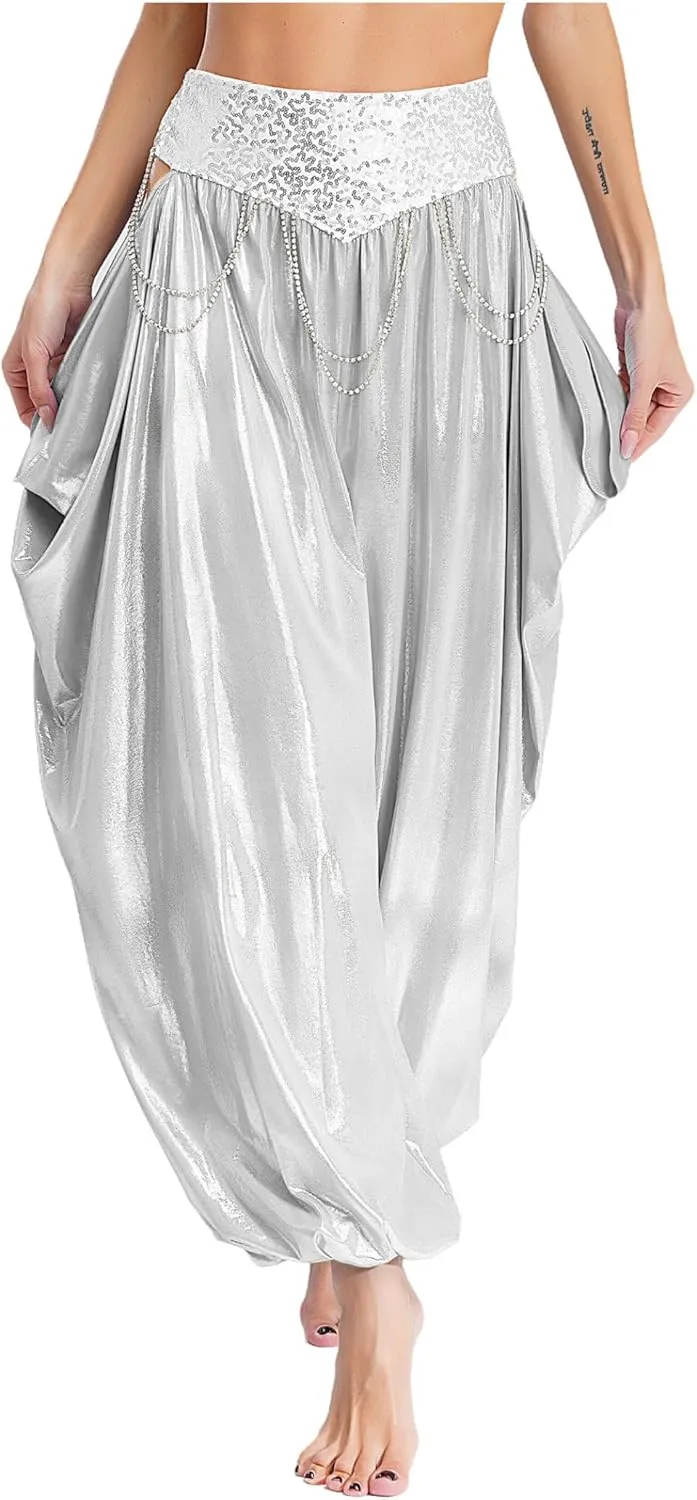 Women's Belly Dance Costume Harem Pants Rhinestone Chains Bloomers Trousers Arabian Dancing Costume
