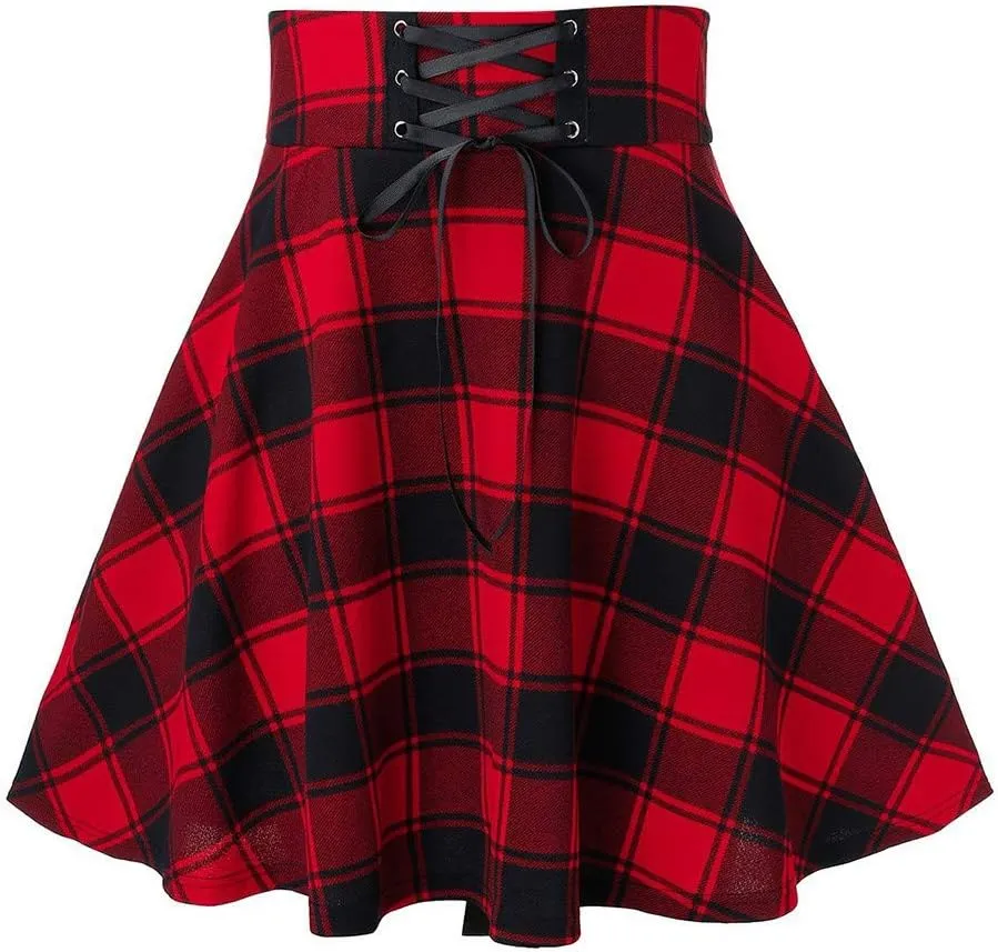 Women's Boho Skirt Summer Casual Loose Trendy Elastic High Waist Plaid Printed Pleated Sun Beach Skirts, S-2XL
