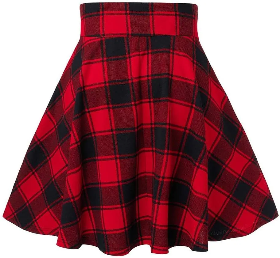 Women's Boho Skirt Summer Casual Loose Trendy Elastic High Waist Plaid Printed Pleated Sun Beach Skirts, S-2XL