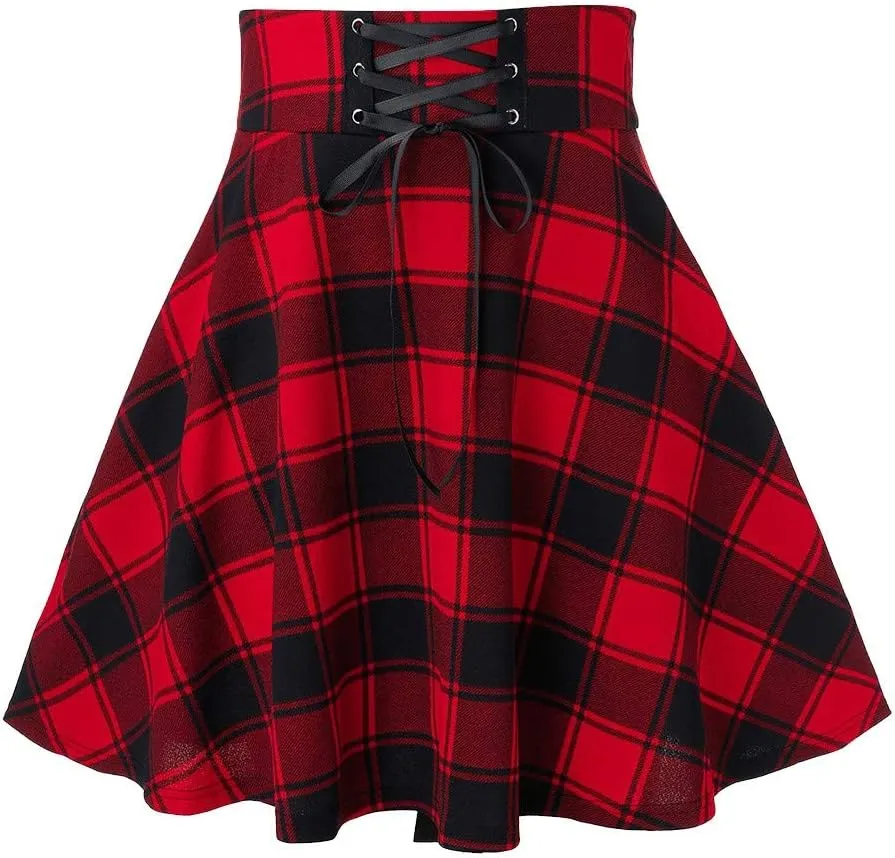 Women's Boho Skirt Summer Casual Loose Trendy Elastic High Waist Plaid Printed Pleated Sun Beach Skirts, S-2XL
