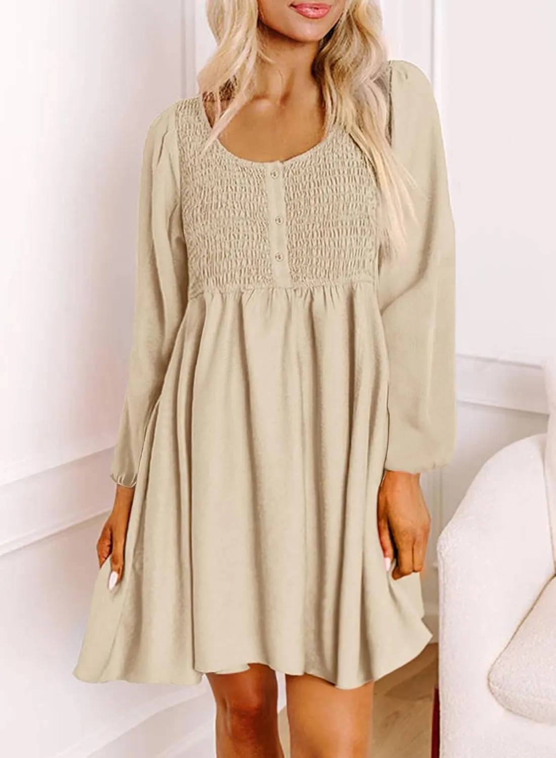 Women's Casual Pleated Long Sleeve Dresses Tunic Waist A-Line Mini Dress Crew Neck Button Up Smocked Sundress