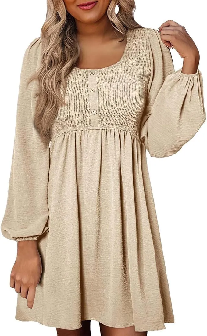 Women's Casual Pleated Long Sleeve Dresses Tunic Waist A-Line Mini Dress Crew Neck Button Up Smocked Sundress