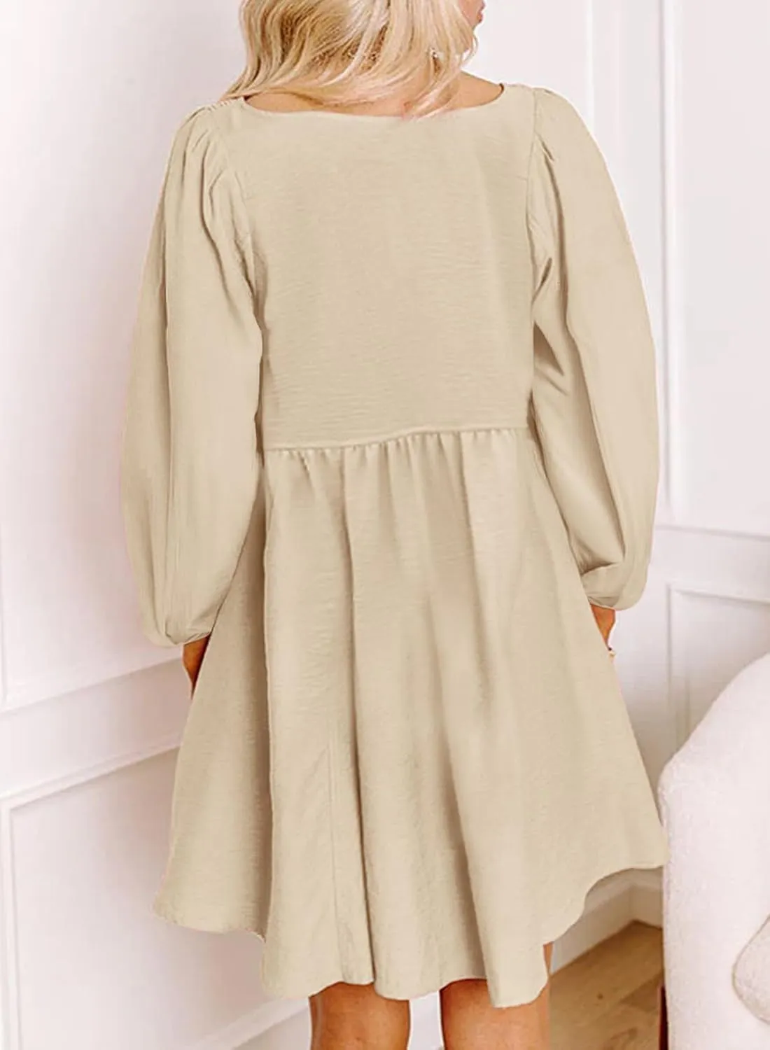 Women's Casual Pleated Long Sleeve Dresses Tunic Waist A-Line Mini Dress Crew Neck Button Up Smocked Sundress