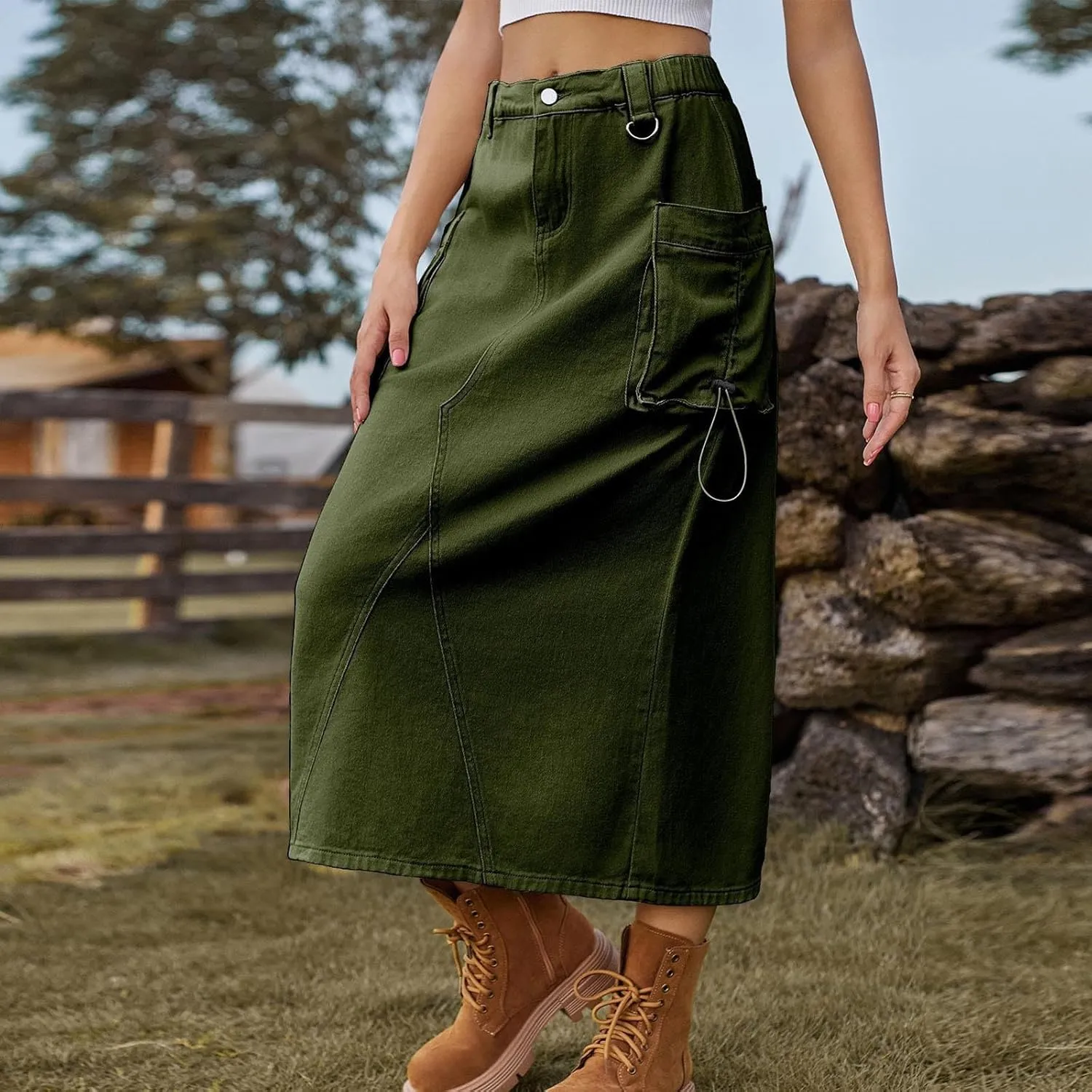 Women's Denim Cargo Long Skirts Casual Elastic High Waisted Pencil Skirt Midi Length Jean Skirts with Cargo Pockets
