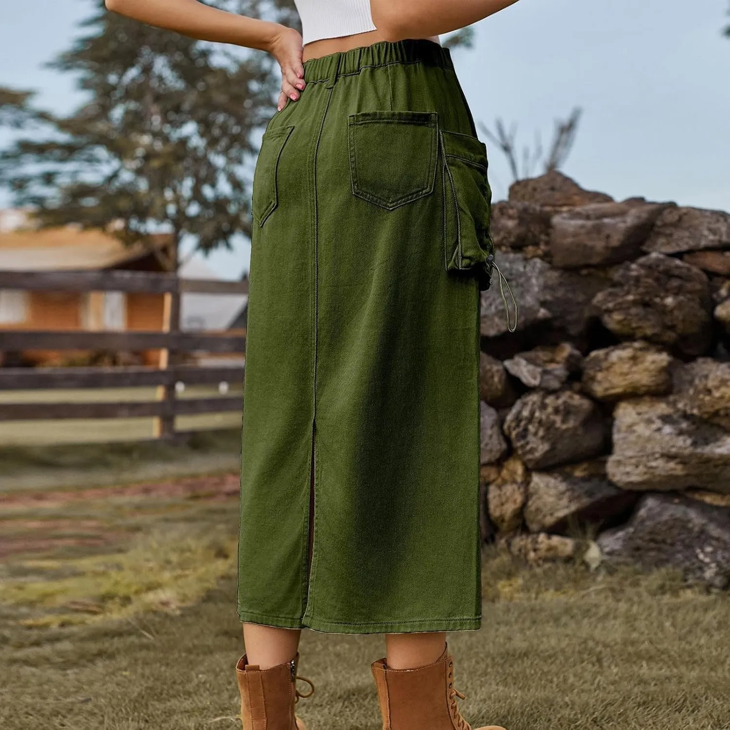 Women's Denim Cargo Long Skirts Casual Elastic High Waisted Pencil Skirt Midi Length Jean Skirts with Cargo Pockets