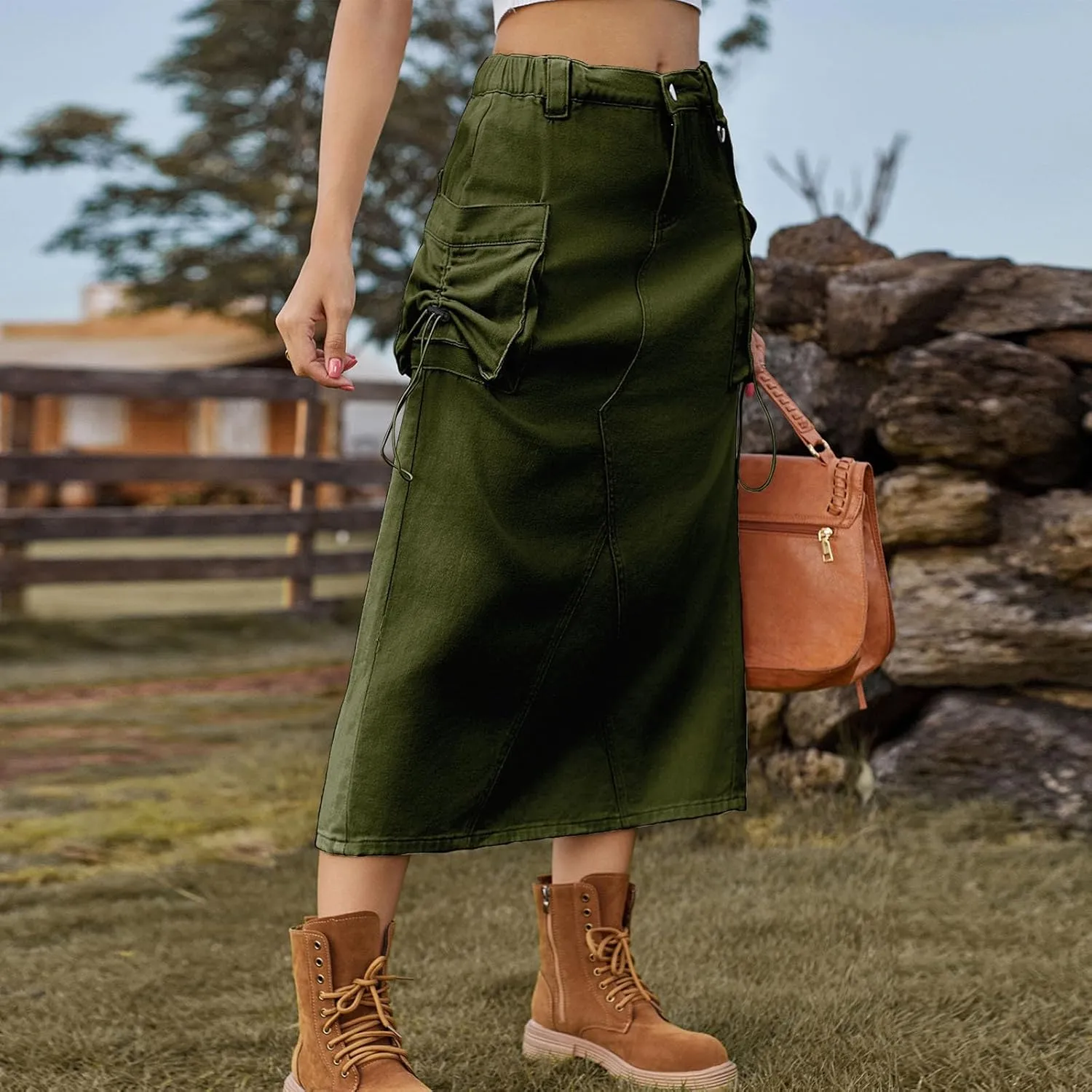 Women's Denim Cargo Long Skirts Casual Elastic High Waisted Pencil Skirt Midi Length Jean Skirts with Cargo Pockets