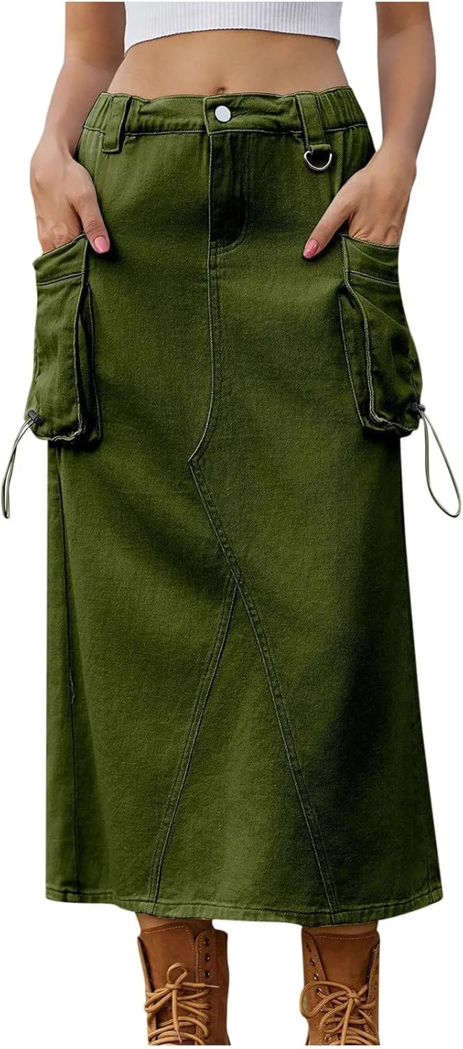 Women's Denim Cargo Long Skirts Casual Elastic High Waisted Pencil Skirt Midi Length Jean Skirts with Cargo Pockets