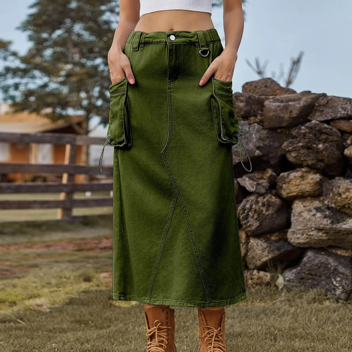 Women's Denim Cargo Long Skirts Casual Elastic High Waisted Pencil Skirt Midi Length Jean Skirts with Cargo Pockets