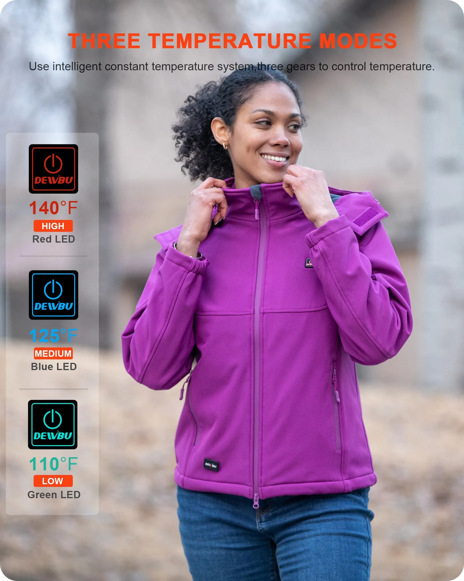 Women's Heated Jacket Detachable Hood With 12V Battery Pack - Purple