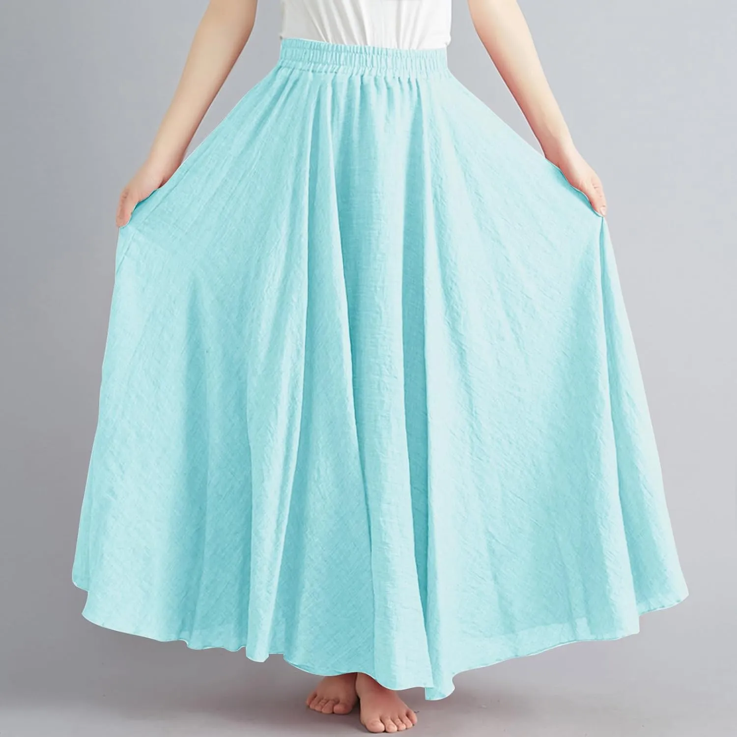 Womens Linen A-Line Skirts Elastic High Waisted Maxi Skirts Bohemian Casual Flowy Solid Beach Vacation Long Skirt
