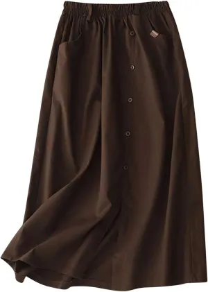 Womens Linen Cotton Midi Skirt Summer Causal Elastic Waist Loose Fit Pleated Split Button Pocket Skirt Trendy Clothes