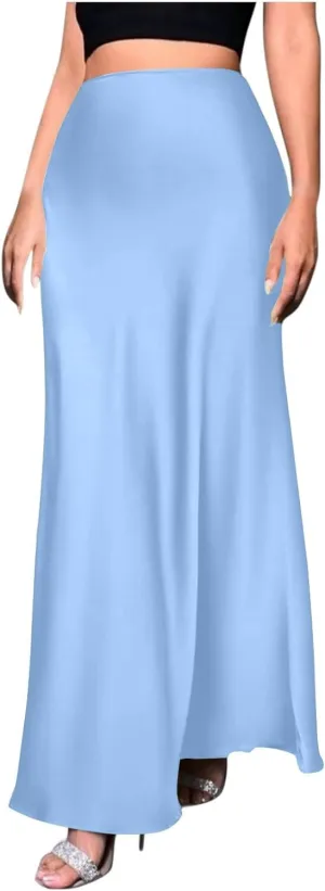 Women's Long Satin Skirt with Zipper High Waisted Flared Casual A Line Maxi Silk Skirts Party Wedding Dress