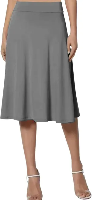Women's Solid Basic Lightweight Midi Skirts Flare Knee Length Skirt Elastic Waist Office Pleated Skirt