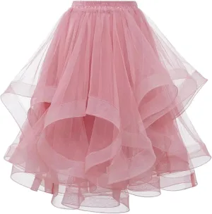Women's Summer Casual Loose Trendy Elastic High Waist Solid Color Fluffy Mesh Party Latin Dance Flowy Skirts, S-XL