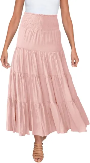 Women's Summer Elastic High Waist Boho Maxi Skirt Casual Drawstring A Line Long Skirt Tulle Skirt 18 Months Pink