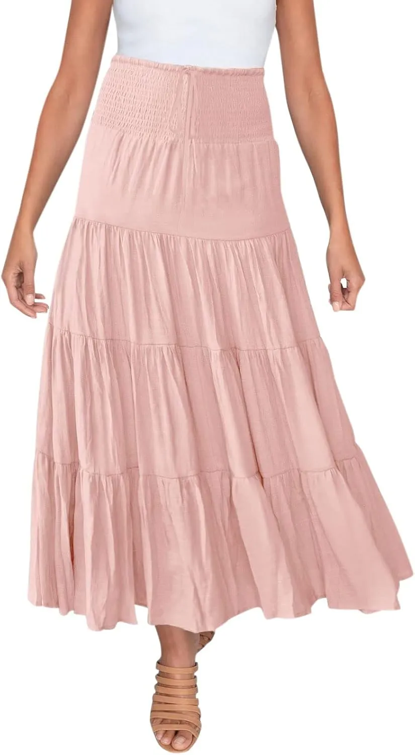 Women's Summer Elastic High Waist Boho Maxi Skirt Casual Drawstring A Line Long Skirt Tulle Skirt 18 Months Pink
