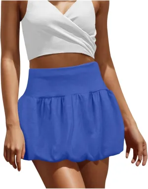 Women's Summer Mini Skirt Elastic High Waisted Cute A-Line Pleated Swing Ruffle Beach Vacation Short Skirts