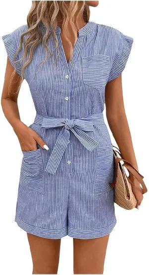 Women's Summer Sleeveless Pinstripe Short Sleeve Jumpsuit, Women'S Striped Print V-Neck Jumpsuit With Pockets