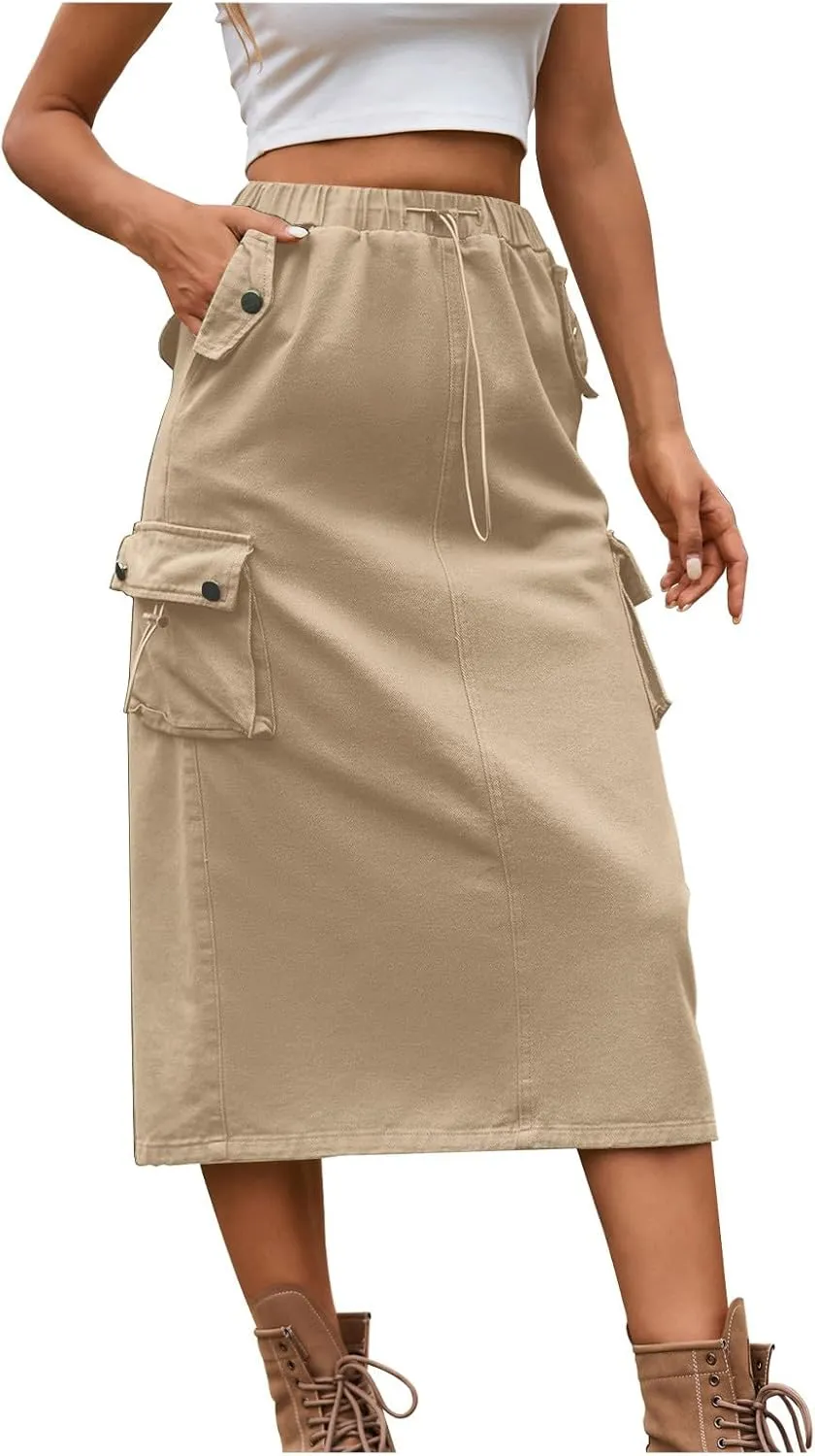 Womens Vintage Cargo Denim Midi Skirt Frayed Raw Hem Drawstring High Waist A-Line Long Jean Skirts with Pockets