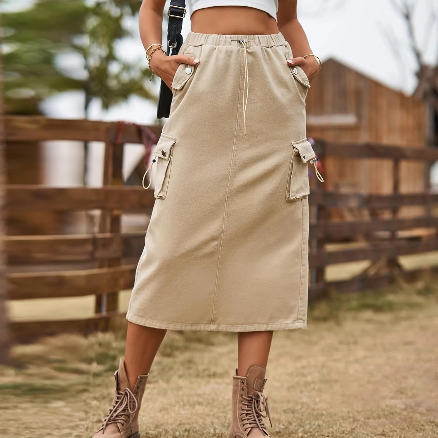 Womens Vintage Cargo Denim Midi Skirt Frayed Raw Hem Drawstring High Waist A-Line Long Jean Skirts with Pockets