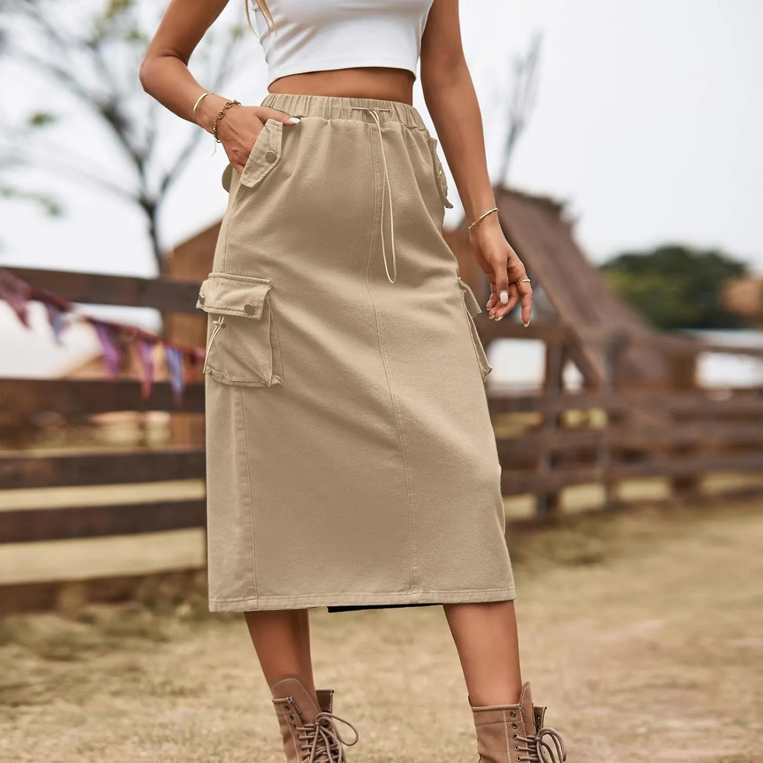 Womens Vintage Cargo Denim Midi Skirt Frayed Raw Hem Drawstring High Waist A-Line Long Jean Skirts with Pockets