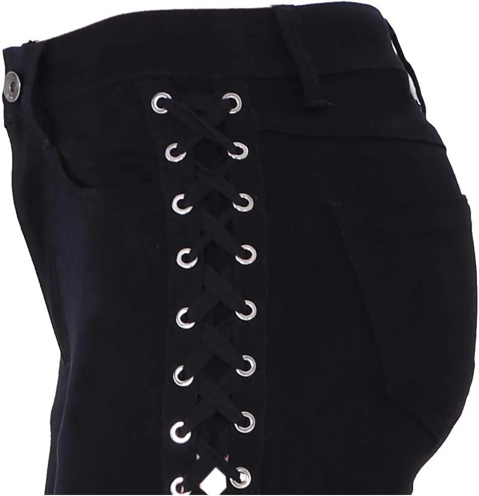 xxxiticat Women's Gothic Black Denim Pants Push Up Tight Hollow Out Side Lace Up Bandage Cross Pencil Jeans Trousers