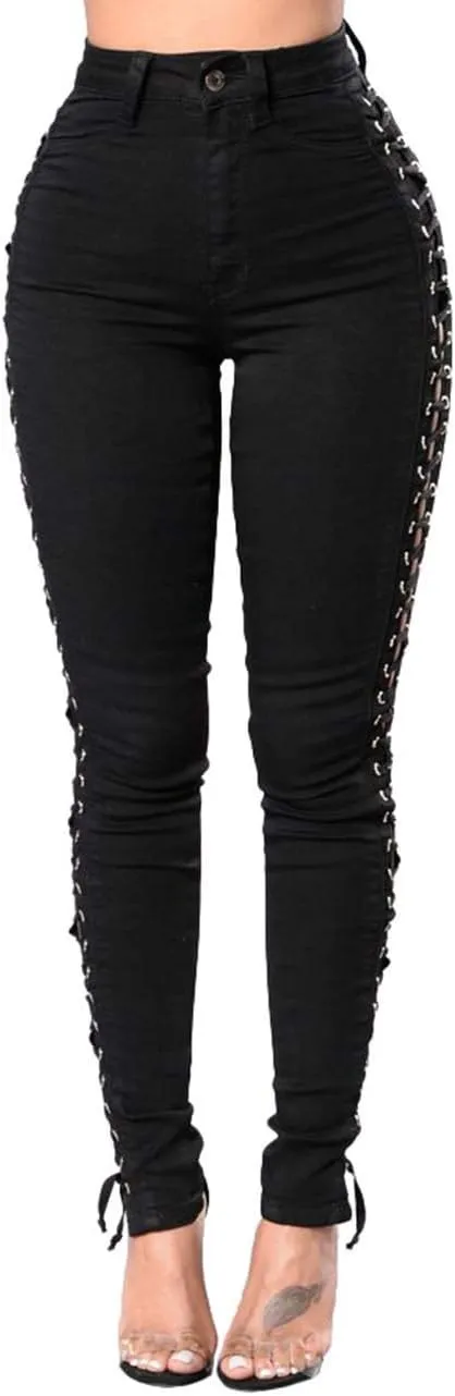 xxxiticat Women's Gothic Black Denim Pants Push Up Tight Hollow Out Side Lace Up Bandage Cross Pencil Jeans Trousers