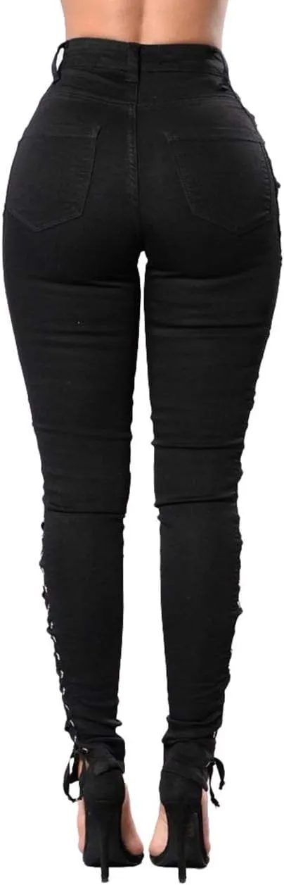 xxxiticat Women's Gothic Black Denim Pants Push Up Tight Hollow Out Side Lace Up Bandage Cross Pencil Jeans Trousers
