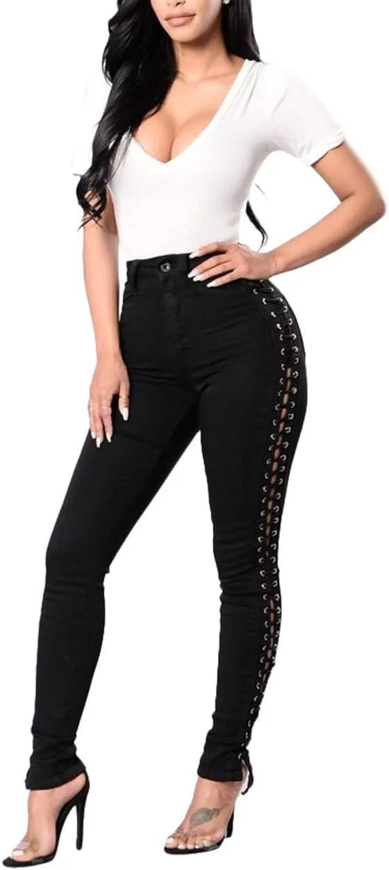 xxxiticat Women's Gothic Black Denim Pants Push Up Tight Hollow Out Side Lace Up Bandage Cross Pencil Jeans Trousers
