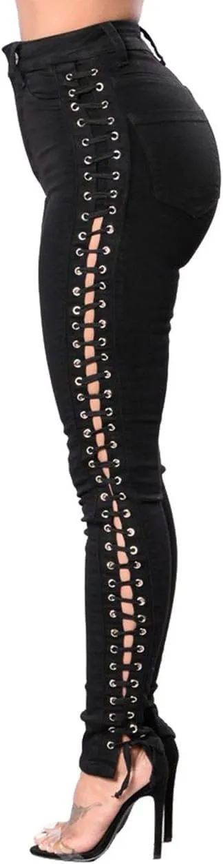 xxxiticat Women's Gothic Black Denim Pants Push Up Tight Hollow Out Side Lace Up Bandage Cross Pencil Jeans Trousers